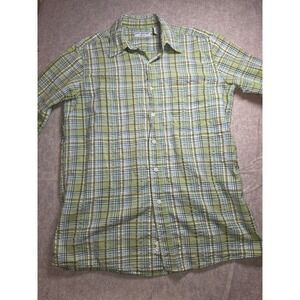 Covington Mens Plaid Button Down Shirt Lime Green Blue White Short Sleeve Medium